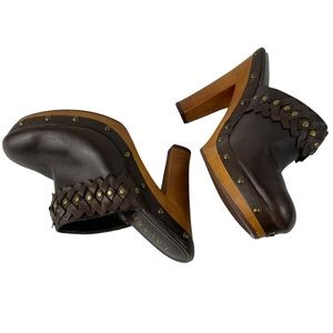 Lauren Ralph Lauren Wooden Platform Leather Studded Heeled Slip-On Clogs Size 6M